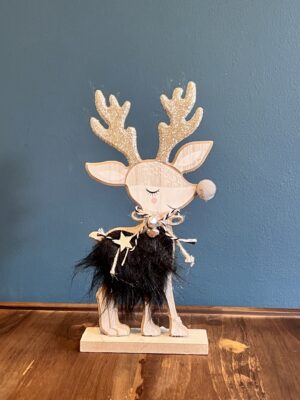 Wooden Black Fur & Gold Glitter Reindeer Ornament